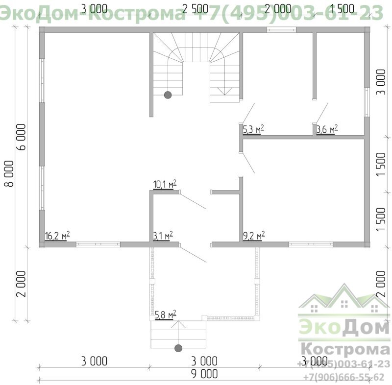 Планировка дома из бруса "Серпухов" ДБ-84 от компании ЭкоДом-Кострома 1-й этаж