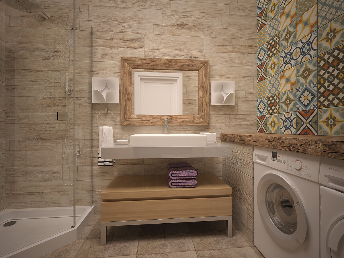 Санузел с плиткой в стиле пэчворк.