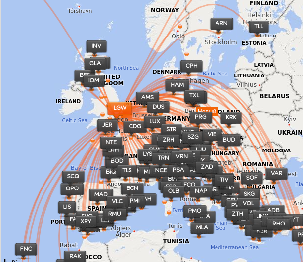 Из Гатвика (Лондон), кажется, можно улететь в любой аэропорт Европы на EasyJet