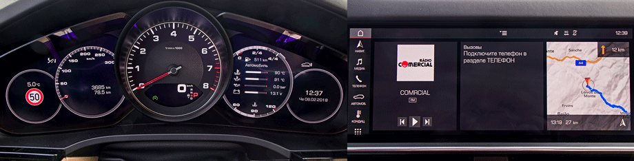 Развитый щиток позволяет и выхватить с одного взгляда самое важное ― скорость и номер передачи на цифровом табло. Медиасистема завязана на собственное подключение к Интернету. Чтобы попадать в кнопки на ходу, руку приходится опирать сверху на панель. 
Манетка слева от руля запускает двигатель. Пока ― один из трёх бензиновых, турбонаддувных. Базовый Cayenne ― это 340 л.с. против прежних трёхсот и почти на две секунды приближенные 100 км/ч (5,9 с в случае оснащения пакетом Sport Chrono). Ступенью выше Cayenne S (440 сил и менее пяти секунд!). Флагманом, по аналогии с соплатформенной Панамерой, почти наверняка станет гибридный Turbo S E-Hybrid, а пока имеется Turbo с мотором V8 мощностью 550 л.с. и динамикой не хуже прежнего Turbo S: 3,9 до сотни! Правда, две трети российских продаж давала трёхлитровая дизельная версия ― новая выйдет в течение этого года, мощностью «не менее 250 сил».