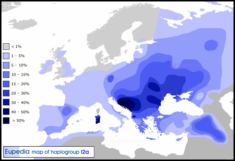 Карта 6. Ареал размещения южных славян - народа с гаплогруппой I2a. http://haplogroup.narod.ru/Haplogroup_I2a.gif