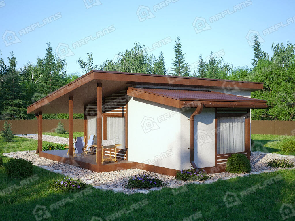 Фото 2 одноэтажного каркасного дома с 1 спальней и террасой. 50 кв м. Источник arplans.ru Проект И-032