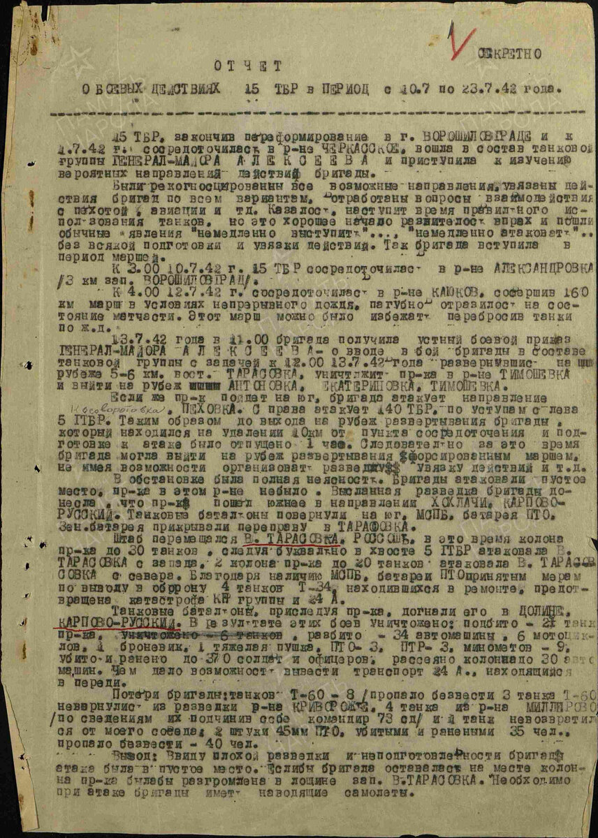 Отчет о боевых действиях 15 тбр в период с 10.7 по 23.7.42 года