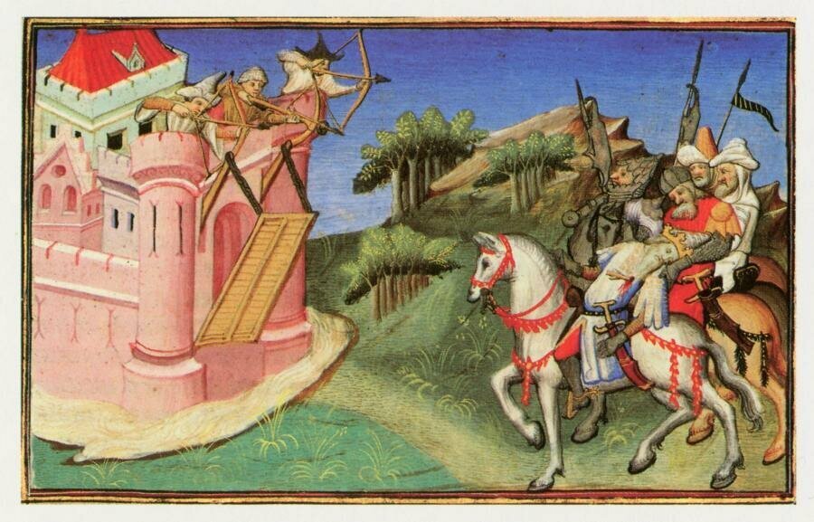 иллюстрация Марко Поло - смерть Чингисхана (европейский город и лица персонажей)