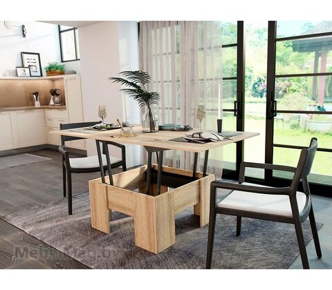 Цвет: сонома 22мм.  Размеры (ШхВхГ): 79,6х44,5х79,6 см, ширина в разложенном виде - 159,2 см. Материалы: ЛДСП. Два положения трансформации стола: обеденный и журнальный. Надежный металлический механизм выдерживает до 200 000 трансформаций. Длина столешницы в разложенном виде - 159,2 см. Гарантийный срок: 1 год. Производство: Россия.  Вес: 43,738 кг. Объем: 0,085 м3.