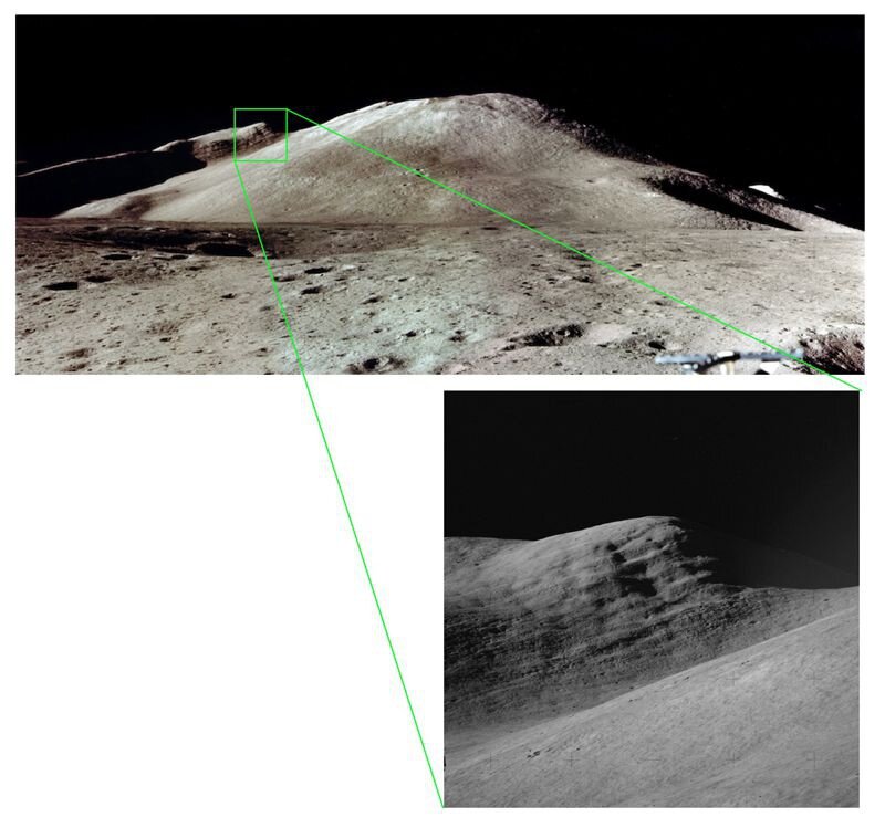 Изображение с «Аполлона-15», представленное в статье «Тайна лунных пород». Образцы, доставленные экипажем «Аполлона-15», датируются возрастом  3,84 миллиарда лет.