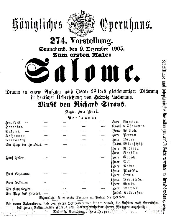 Salome by Richard Strauss playbill of 1905 premiere.