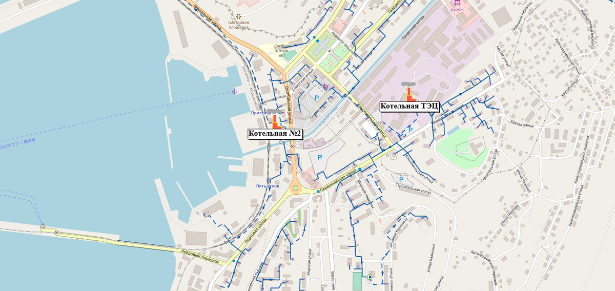 
Рисунок 2 – Расчетная схема тепловых сетей от котельный №11 и №2 г. Корсаков
