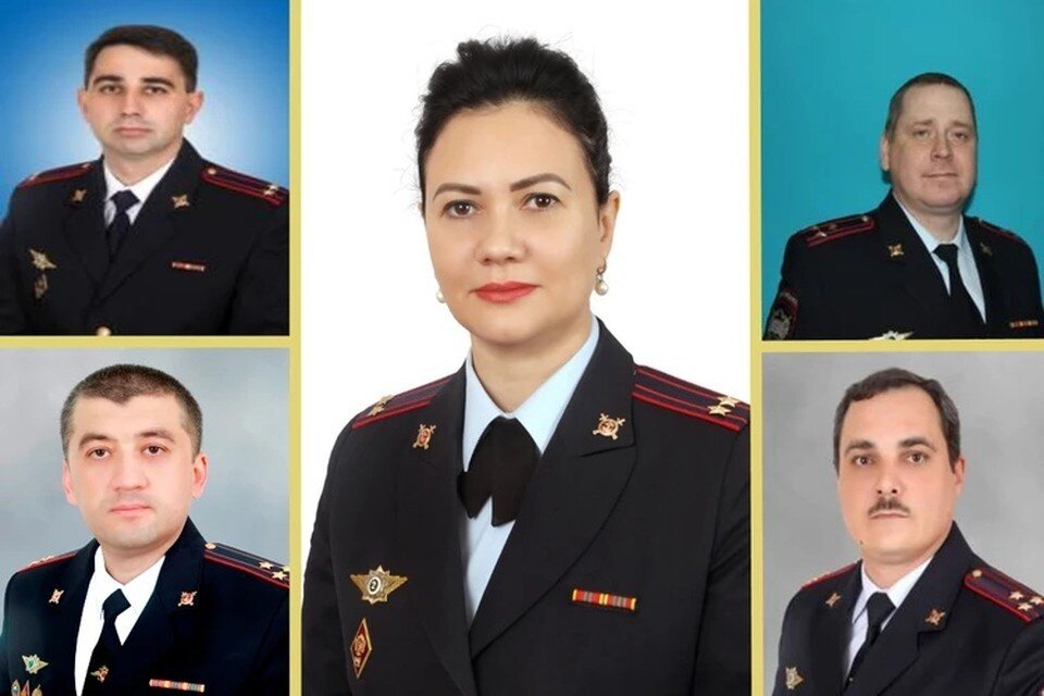     Полковники полиции (слева направо и сверху вниз) Виктор Евдошенко, Данил Гуров, Алим Отаров, Андрей Власов. В центре - подполковник полиции Людмила Медведицкова. Фото: ставф.крду.мвд.рф