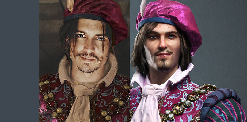 Дж. Депп и Лютик из видеоигры. Источники steamuserimages-a.akamaihd.net, i.pinimg.com