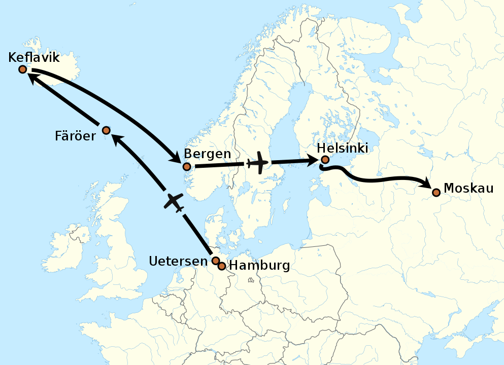 Схема маршрута перелета М. Руста. Автор: Europe_laea_location_map.svg: Alexrk2. 2011 г.