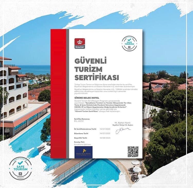 «Сертификат здорового туризма» турецкого отеля SIRENE BELEK HOTEL