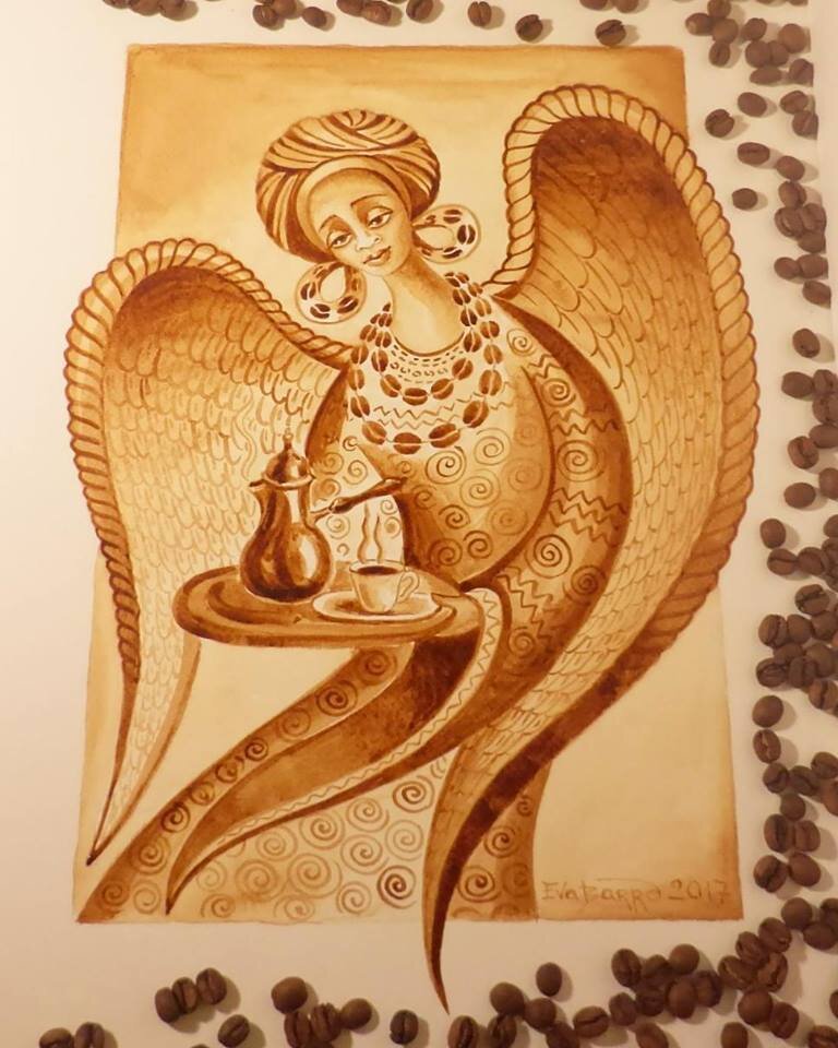 "КОФЕЙНЫЙ АНГЕЛ" нарисован  настоящим крепчайшим кофе 
художник Ева Барро
