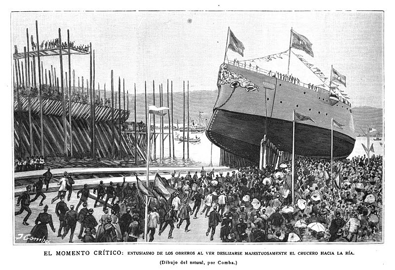 1890-09-,_La_Ilustración_Española_y_Americana,_El_momento_crítico,_entusiasmo_de_los_obreros_al_ver_deslizarse_majestuosamente_el_crucero_hacia_la_ría