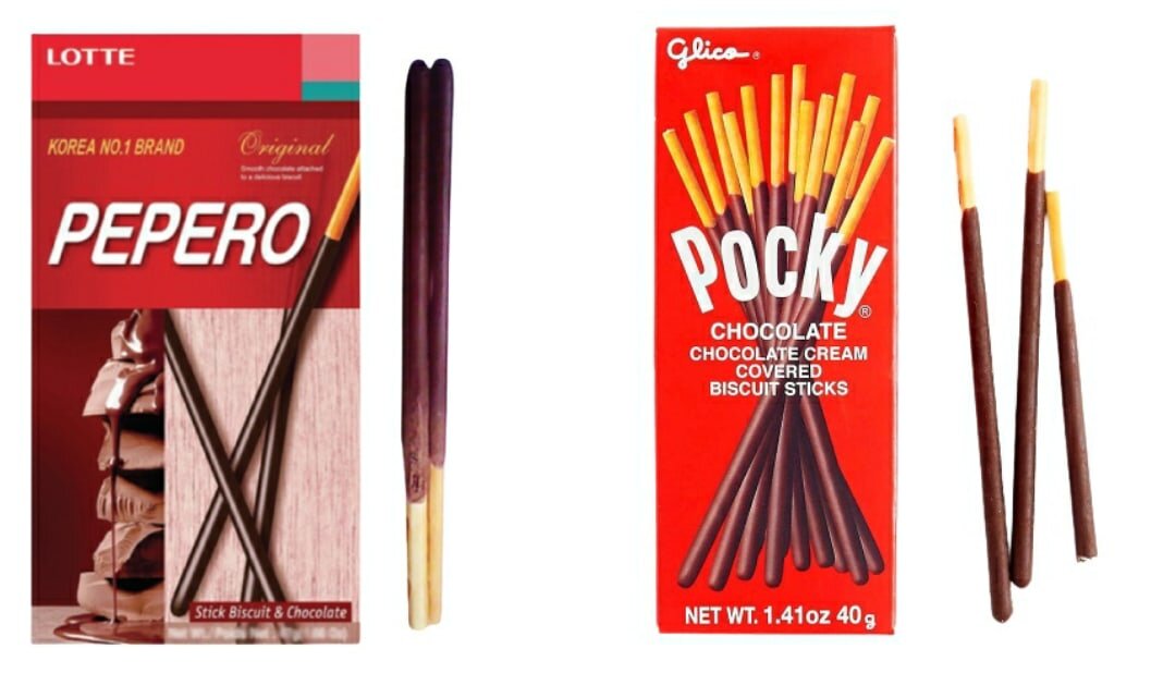 Снэки Pepero и "Pocky" с шоколадом.