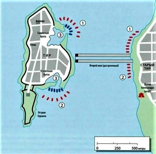 Первый этап осады Тира. Цифрой «1» обозначены кипрская эскадра, которую возглавлял Андромах. Цифрой «2» обозначены корабли из Малой Азии и Греции. Цифрой «3» обозначены главные стоянки тирских кораблей