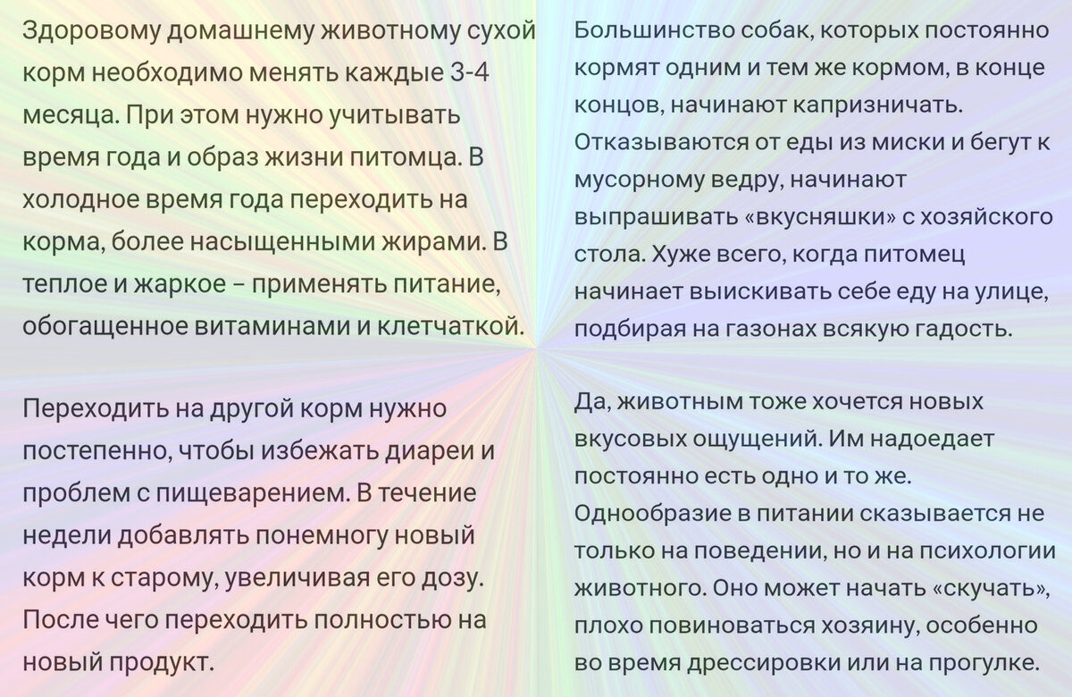 Фрагменты статьи "Можно ли кормить собаку одним и тем же сухим кормом постоянно?" , автор Елена Путалова. Коллаж выполнен мной