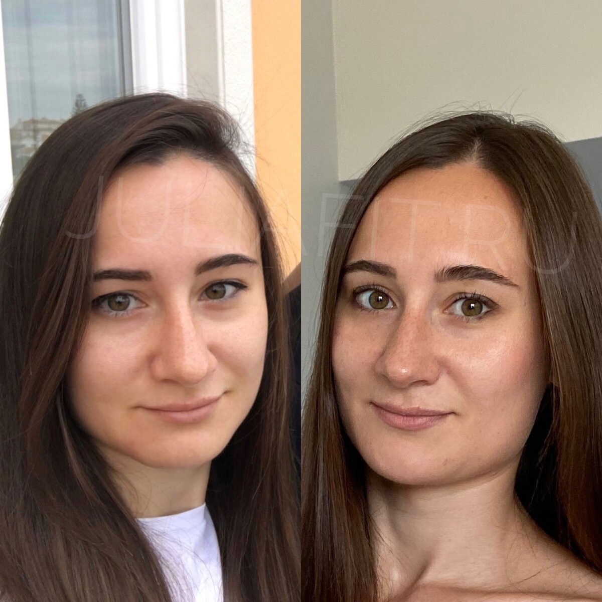 Тут слева я плохо ем, но ярче крашусь, чем справа. Но мои чёрные стрелки не видны, я очень отёкшая от неграмотного питания. Везде время 11 утра и я по ночам сплю :)