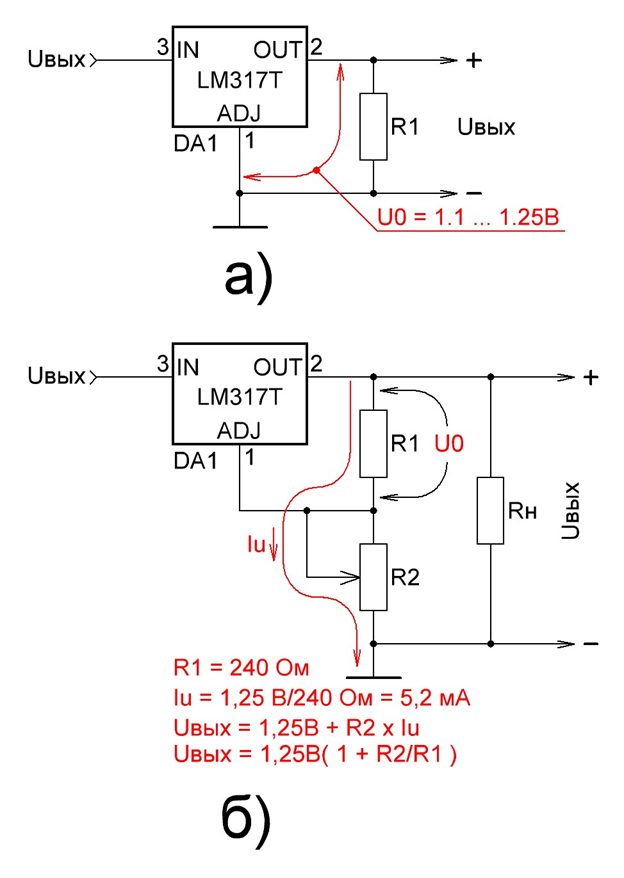 Рис. 1. Как осуществляется регулировка выходного напряжения в схемах на LM317. Защитные диоды и конденсаторы не показаны.