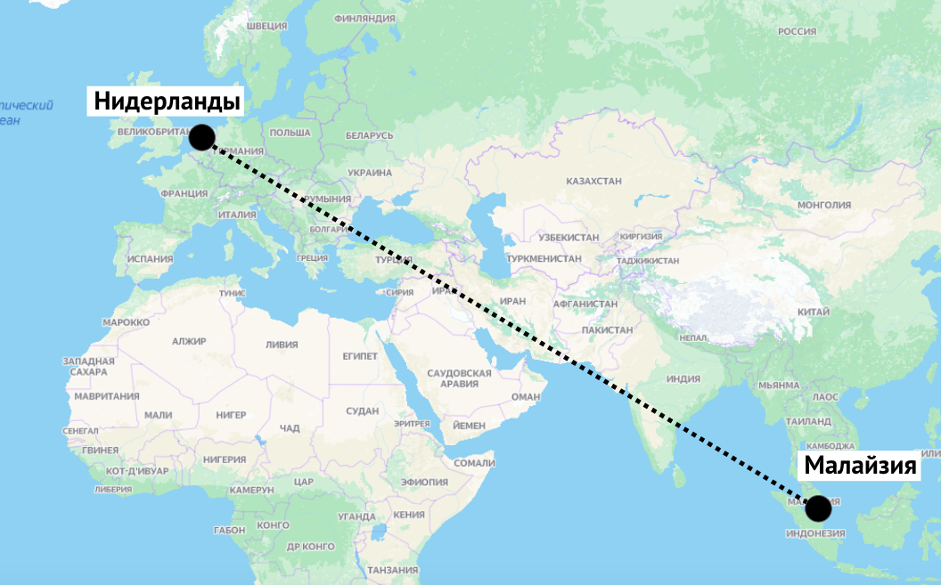 Маршрут Боинга 777 из Амстердама в Малайзию с 8 июля.