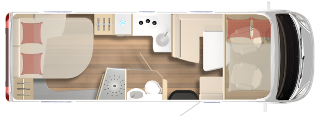 Планировка автодома с двумя двуспальными кроватями.