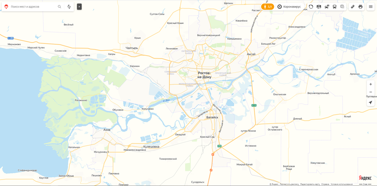 Рис. 1. Часть Ростовской области на Яндекс-картах в режиме отображения "Схема".