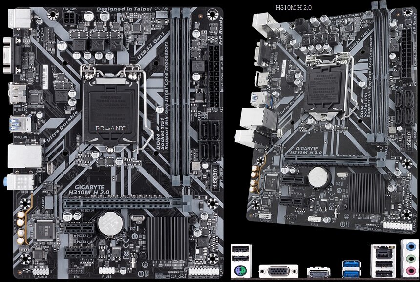 LGA для процессоров Intel Core 8 и 9 поколения / DDR4 двухканальный режим работы мах частота 2.666 МГц, мах объём 32 Гб / резисторы, устойчивые к воздействию окислов серы / 4 датчика температуры / чипсет Intel H310 