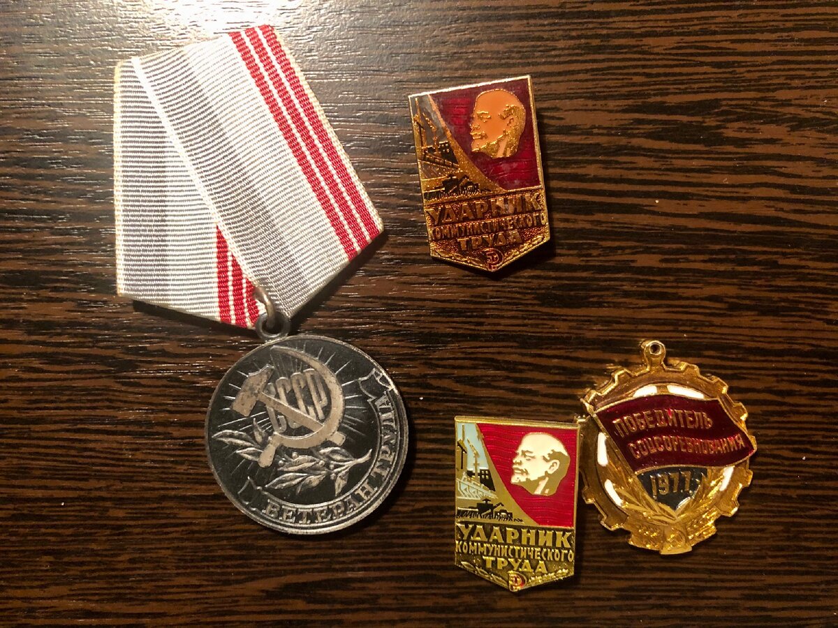 Мои значки ударника и ветерана труда