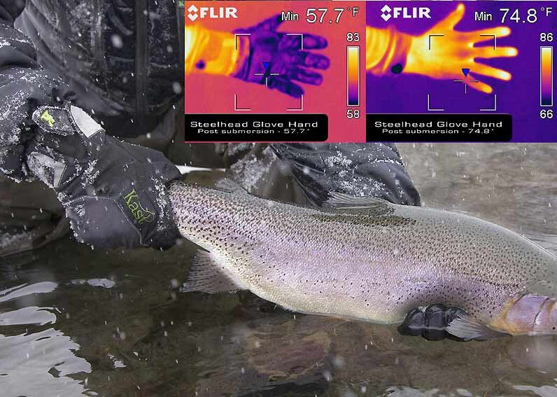 В ходе тестов, когда руки в перчатках Steelhead были опущены в воду +10С. Через 5 мин. снаружи было зафиксировано +14С, а на внутреннем слое +24С.