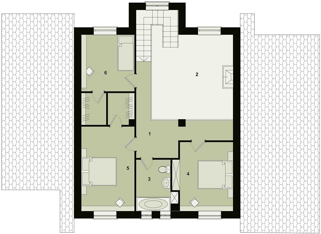 На мансарде устроен  балкон - галерея с видом в гостиную, 3 спальни и просторная ванная. Высота стен не менее 1,8 м, перемещения по комнатам комфортны, и их площадь используется полностью.