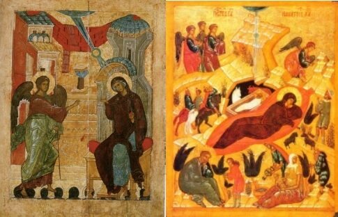 Рис.1. Благовещенье и Рождество на средневековых иконах.