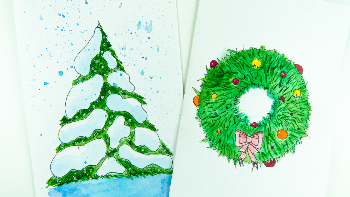 Новогодняя елка и Рождественский венок акварелью