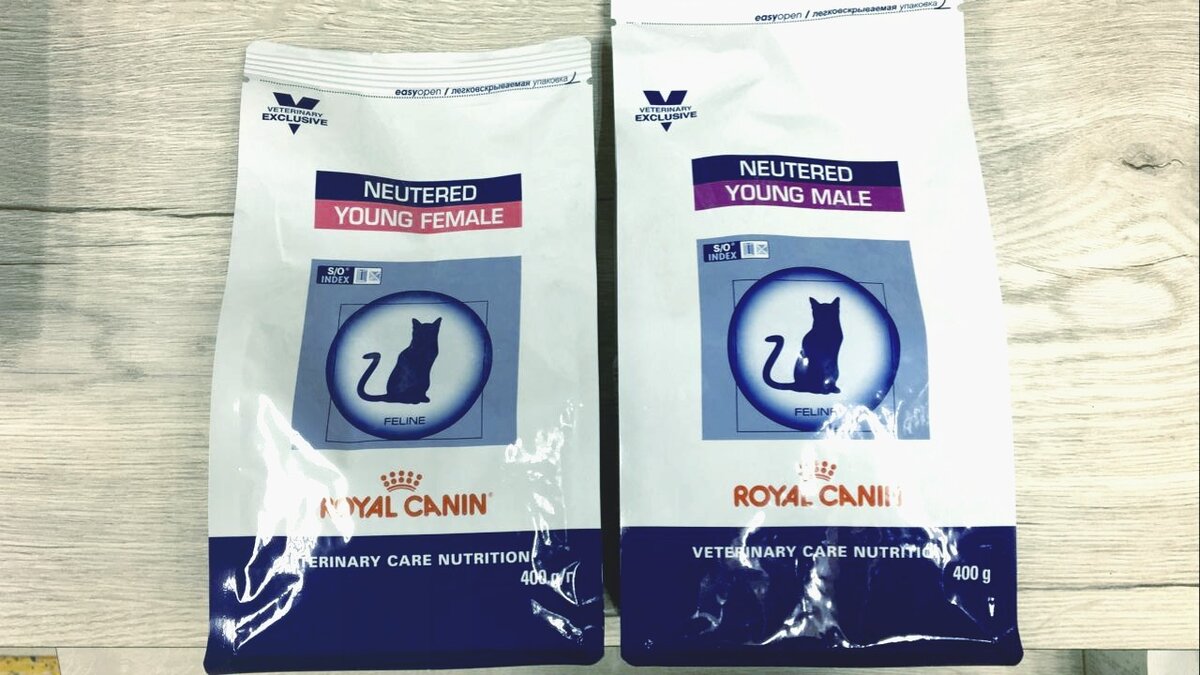 Royal Canin для стерилизованных кошек и котов в возрасте 1-7 лет: Neutered Young Female (слева) и Neutered Young Male (справа)