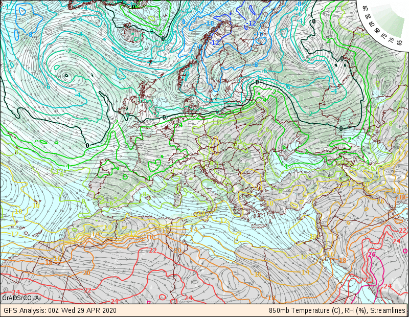 И этот же циклон в поле температуры Т850 (высота около 1,5 км над уровнем моря)