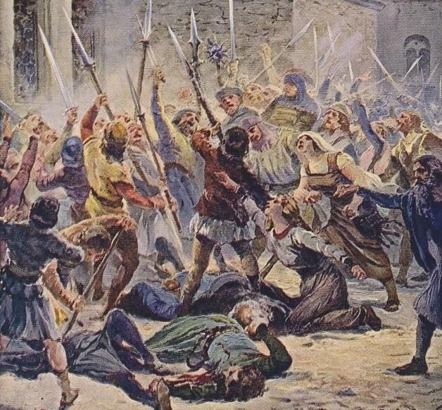 Толпа ждет следующего, 1419 год, Прага. Художник: Adolf Liebscher