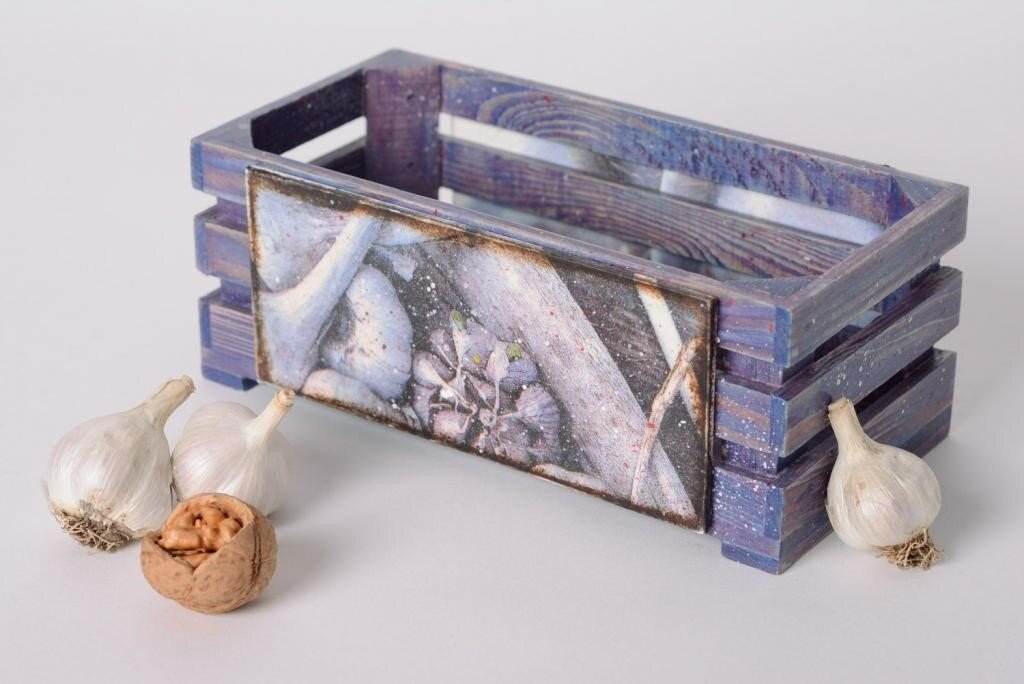 Реечный деревянный ящик с ручкой (декупаж), арт. 7633