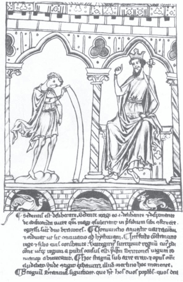 Юный Мерлин и гороль Вортингер. иллюстрация к книге Гальфрида Монмутского "История бриттов" XIII в.