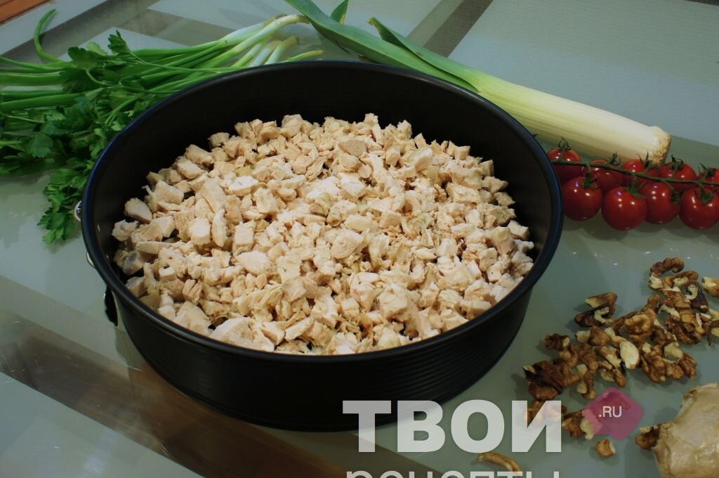 1 - Берем куриное филе, отвариваем до готовности в подсоленной воде. Мелко нарезаем и выкладываем первым слоем в форму. Смазываем майонезом. 