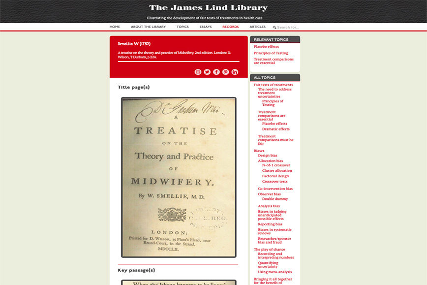 Скриншот Библиотеки Джеймса Линда — сайта с архивными записями и статьями о медицине. На скрине — обложка книги доктора Уильяма Смелли