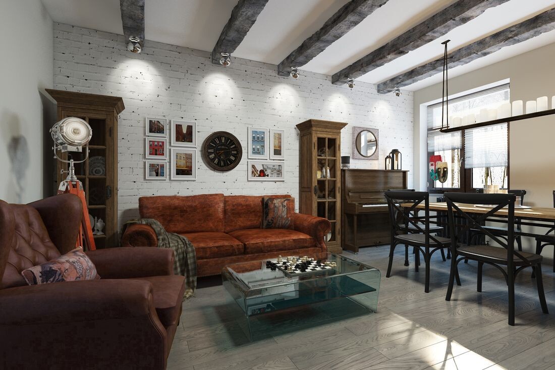 Разнообразная мебель в интерьере в стиле LOFT. Не бойтесь ставить диван одной фабрики, а кресло другой. Каждый предмет будет со своей неповторимой историей. От этого интерьер будет наполненным.
