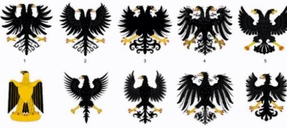 Множество орлиных знаков отличия из разных империй. Сверху: геральдический двуглавый изображенный Орел. Внизу: геральдический изображенный Орел. (CC BY 3.0) 
1. Орел из Испанской империи, 2. Орел из Испанской империи, 3. Орел из Священной Римской Империи, 4. Орел из Священной Римской Империи, 5 .Орел из Российской Империи. 6. Орел Саладина, 7. Орел из Нового Королевства Гранада, 8. Орел из Нового Королевства Гранада, 9. Орел из Германской Империи, 10. Орел из Речи Посполитой