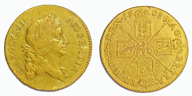Золотая гинея Карла II. 1668 год. Источник: The Portable Antiquities Scheme/ The Trustees of the British Museum, CC BY-SA 2.0 <https://creativecommons.org/licenses/by-sa/2.0>, via Wikimedia Commons