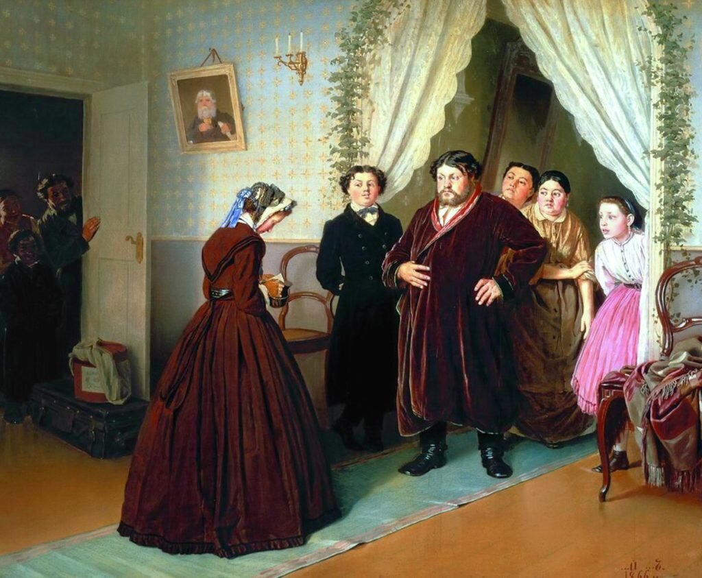 В. Петров. “Приезд гувернантки в купеческий дом” (1866)