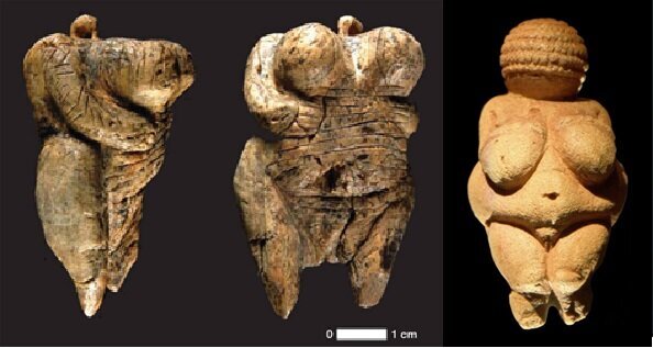 Палеотические Венеры: Венера из Холе-Фельс или Швабская Венера (40 тыс. лет), Германия ; Венера Виллендорфская (30 тыс лет), Австрия.
