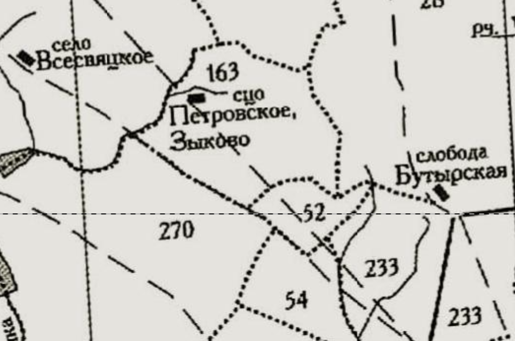 Сельцо Петровское-Зыково на карте Московской губернии 1766 года. Иногда название писалось через запятую. С сайта www.retromap.ru.