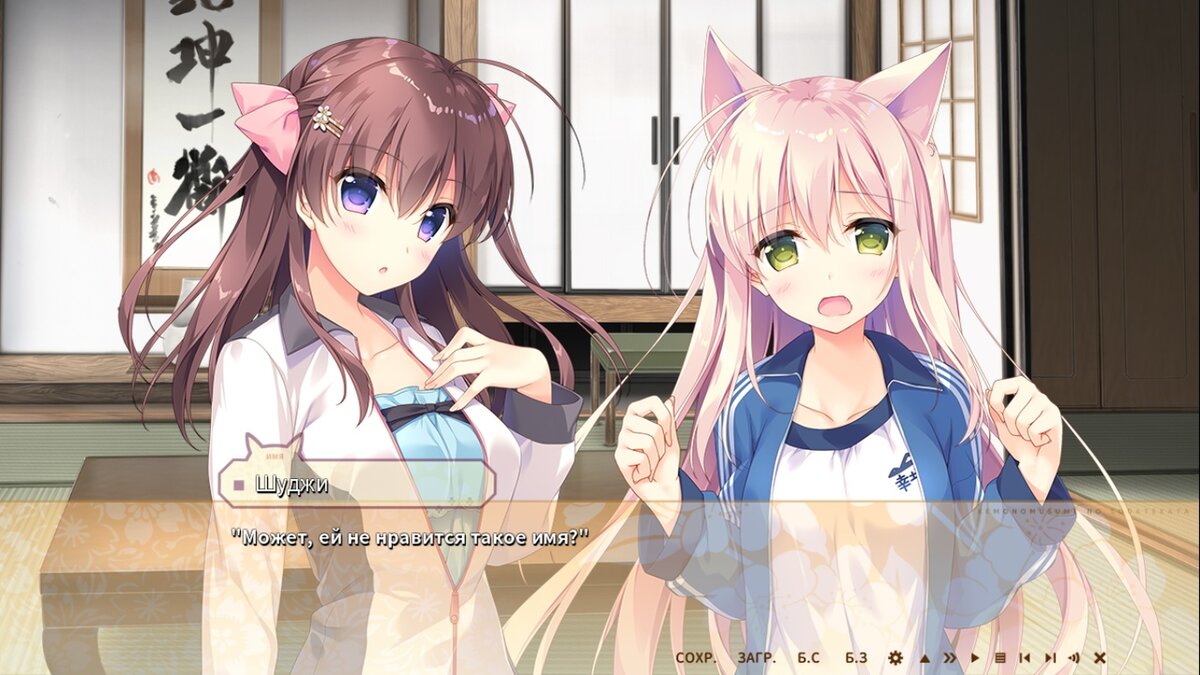 Игровой процесс: диалог героев. Слева Кана, справа Ироха. Забегая вперёд, да: развитие отношений (то есть тупое удовлетворение физиологических потребностей) у ГГ будет только с ними. Источник: скриншот из игры «Как воспитать девушку-волчицу». ©Sweet & Tea.