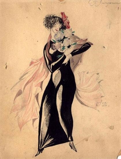 Чехонин С.В.  Гиацинтова С.В. в роли Софьи Петровны в спектакле по пьесе А. Белого "Петербург" . Рисунок, 1925 г.  (РГАЛИ)