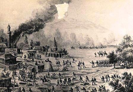 Разорение шапсугского аула на рисунке из альбома 77-го Тенгинского пехотного полка (источник изображения: adygvoice.ru)