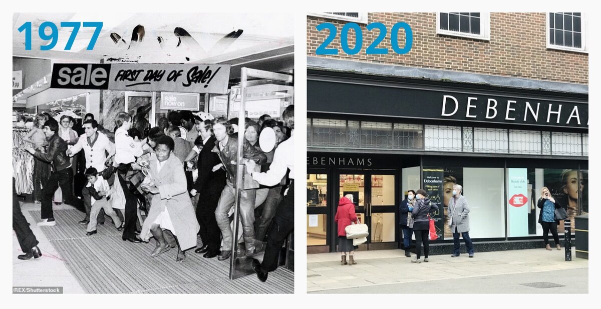 На фотографии слева - толпа атакует Дебенамс в 1977 году. Фото shutterstock. Справа - люди стоят в очереди, чтобы первыми попасть в магазин. Фотография из личного архива.