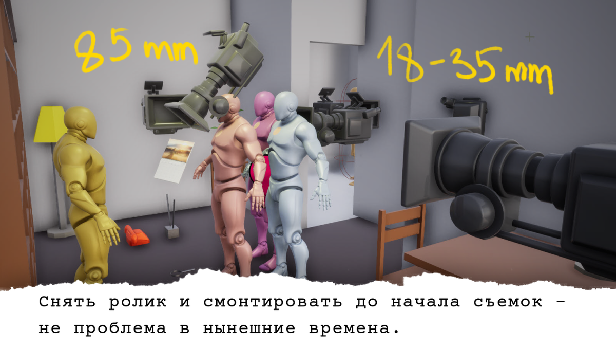 Расстановка камер с различными объективами в смоделированной квартире, где предстоит съемка.